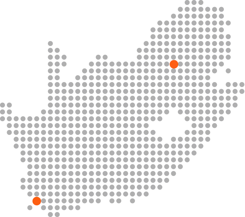 Grey dotted map outline with two orange location markers highlight points of interest at the bottom-left and upper-right corners.